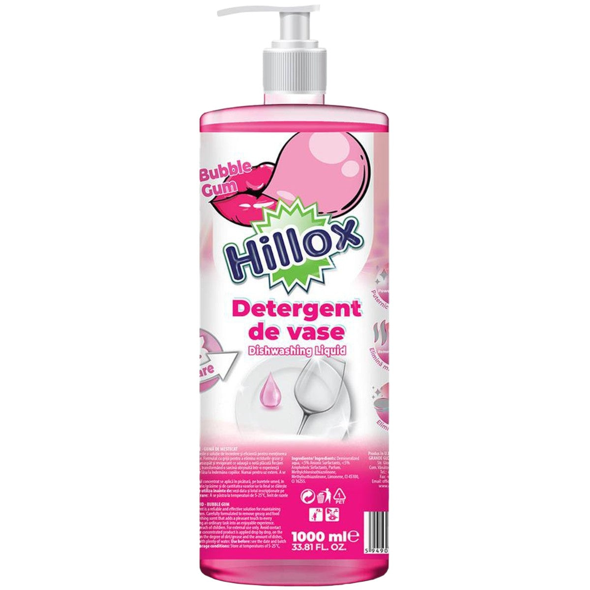 Detergent de Vase Hillox Bubble Gum – 1L | Curățare Puternică cu Parfum Dulce