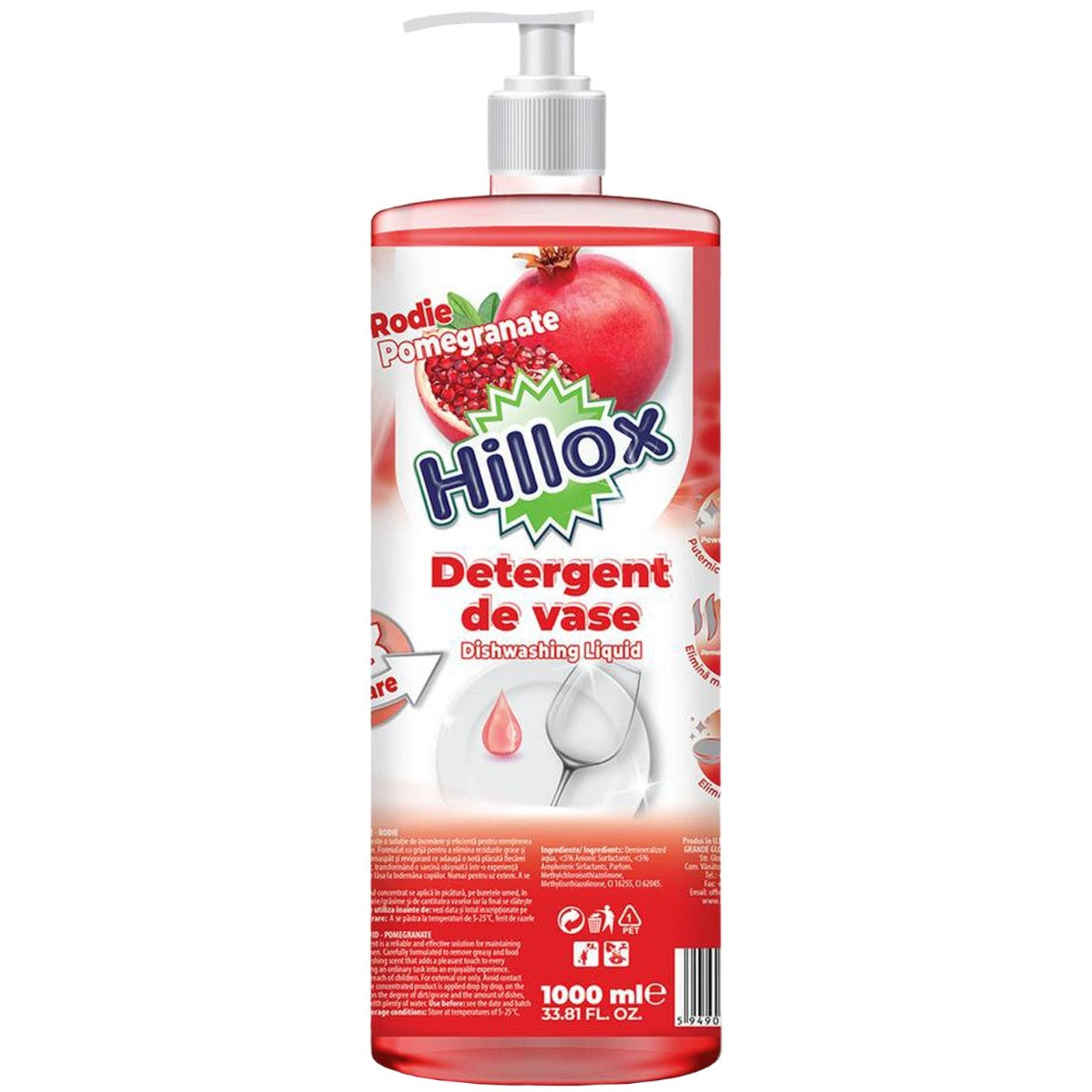 Detergent de Vase Hillox Rodie (Pomegranate) – 1L | Curățare Puternică și Prospețime Fructată
