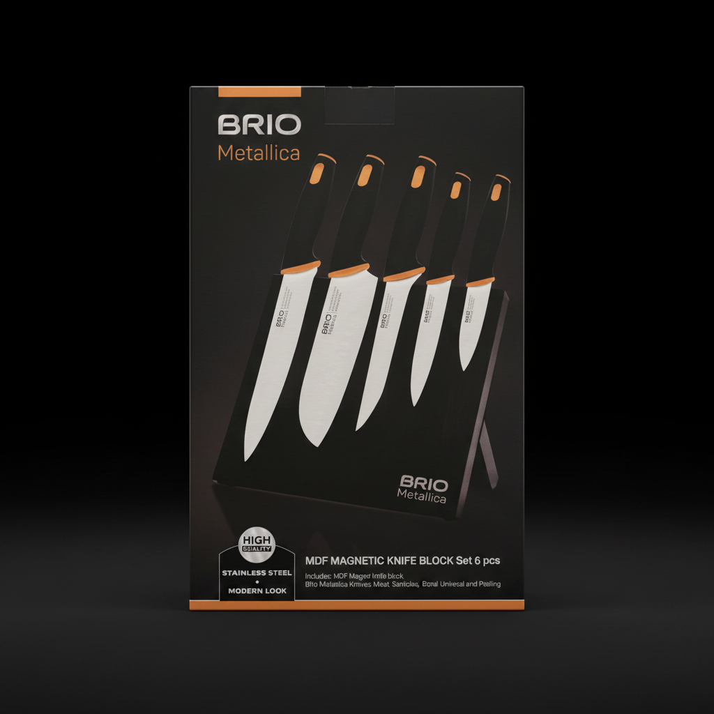 Set Cuțite Bucătărie 6 Piese cu Suport Magnetic – BRIO Metallica