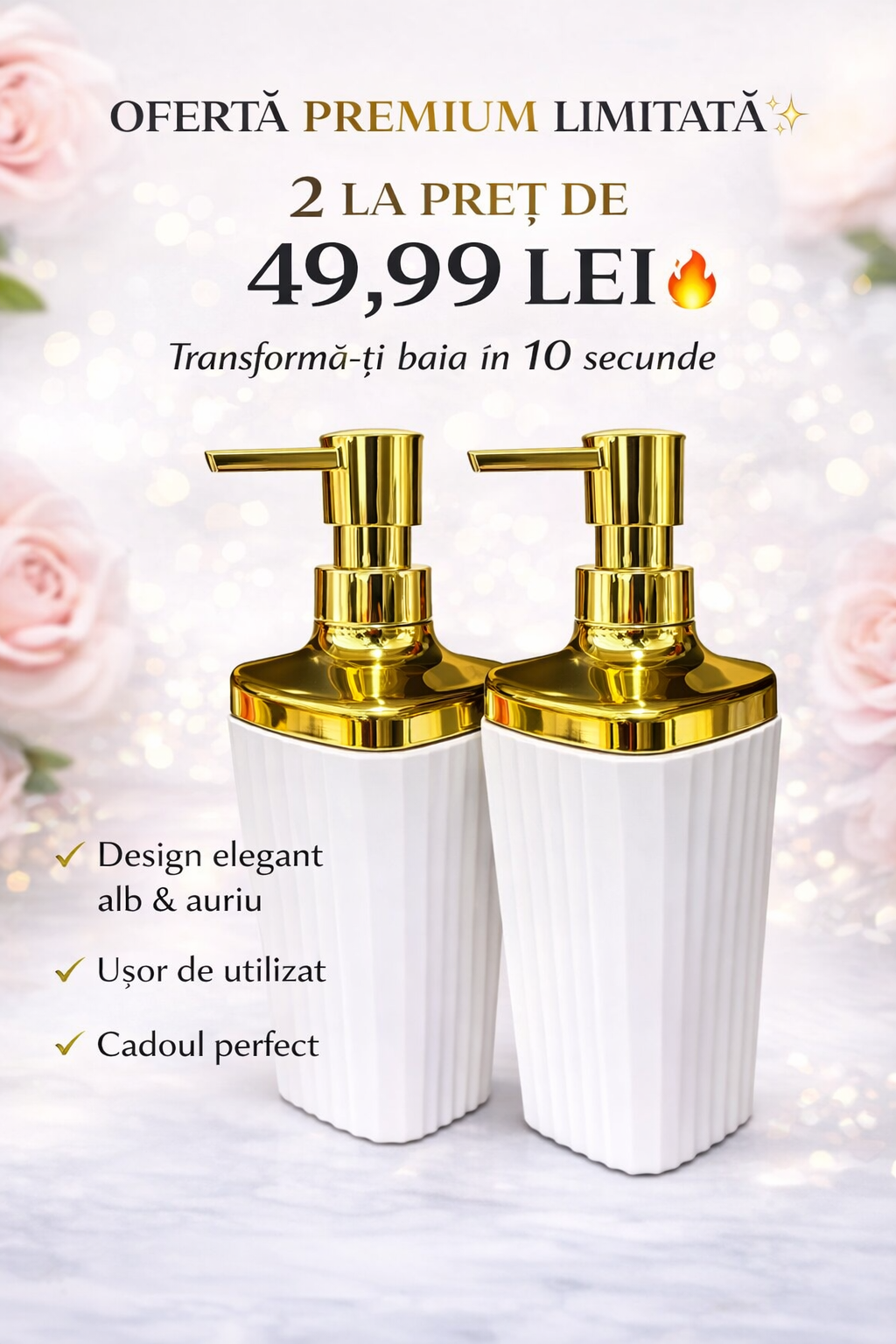 Dispenser Săpun Lichid – Design Elegant Alb & Auriu