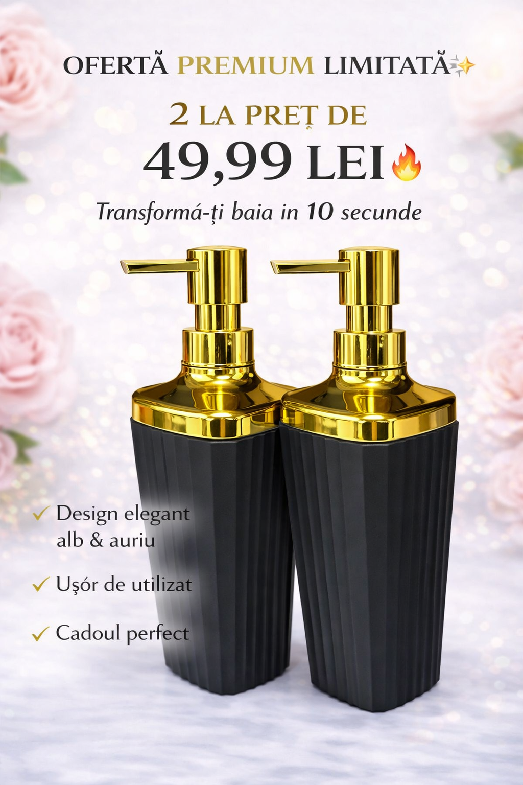 Dispenser Săpun Lichid Premium – Negru & Auriu